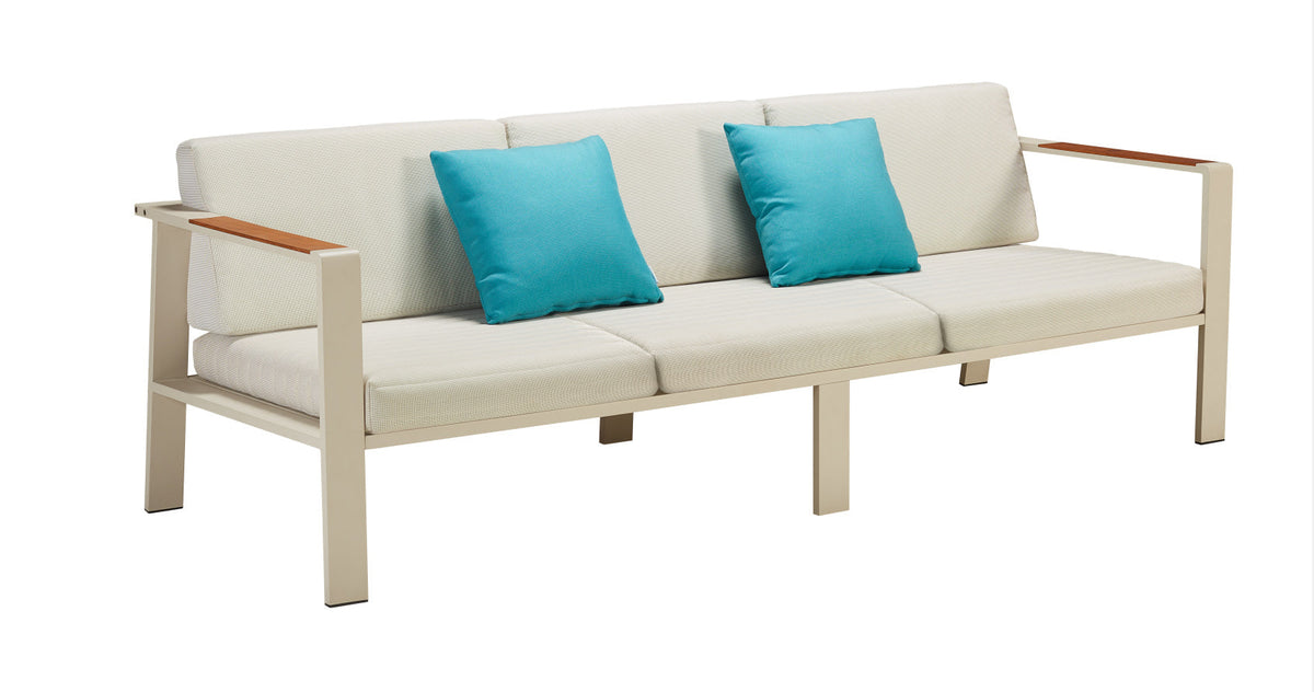 Noffy XL 7-seat aluminum sofa set with beige cushions and teak coffee table