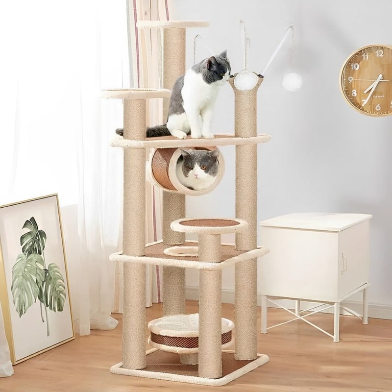Rattan cat tower with soft fleece lining – shown in a room setting