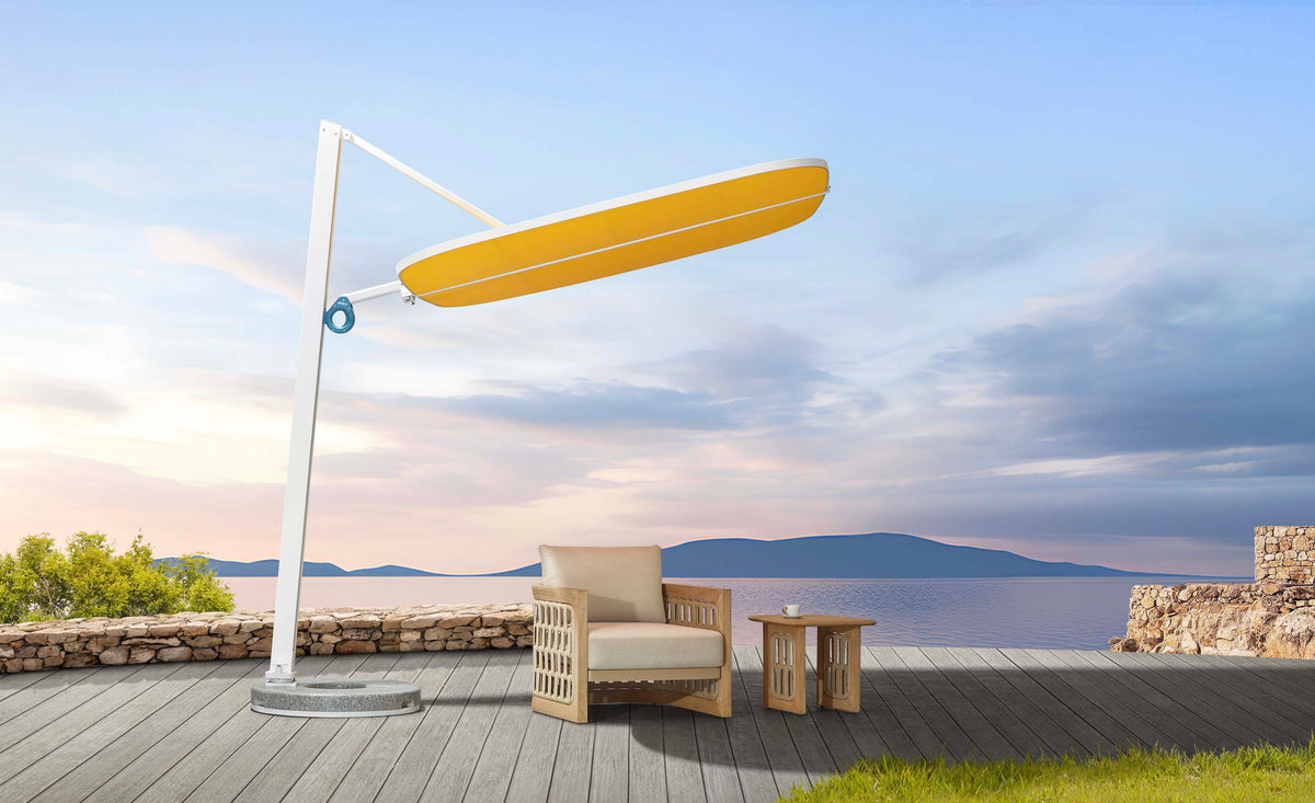 Alice white aluminum offset umbrella with acrylic canopy – shown outdoors (2)