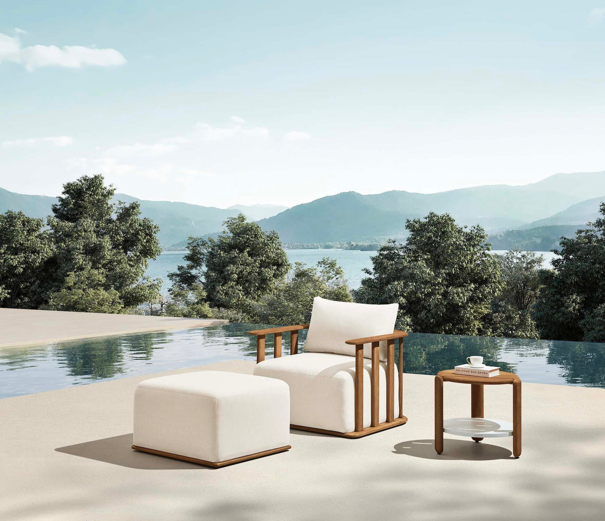 Roma solid teak outdoor ottoman with cushion – shown outdoors (3)