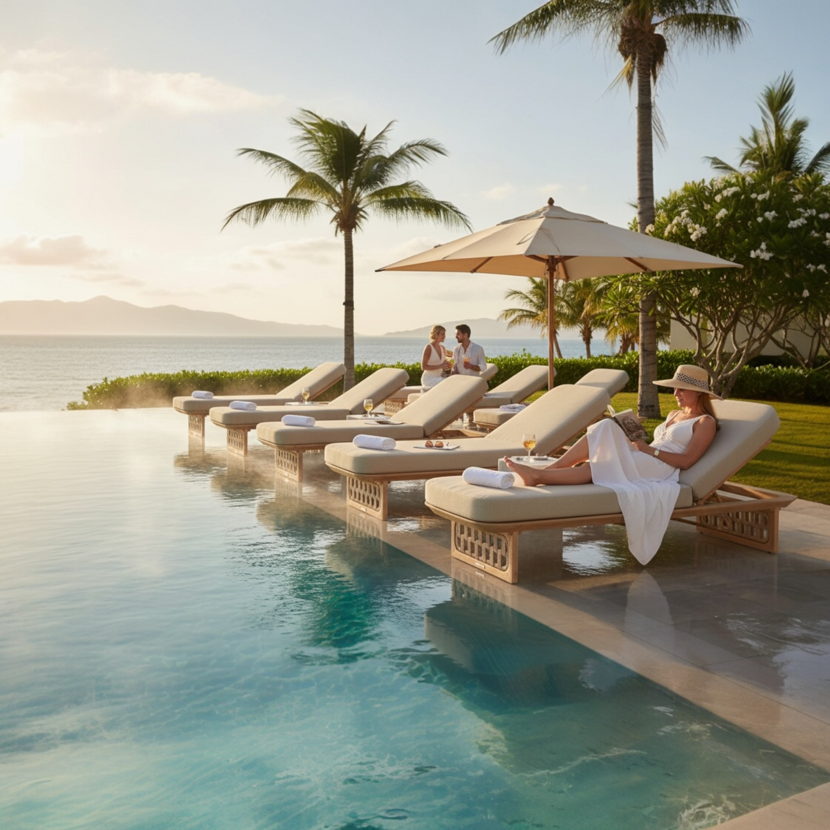 Palma teak and rope chaise lounges, set of 2 with side table – shown outdoors (3)