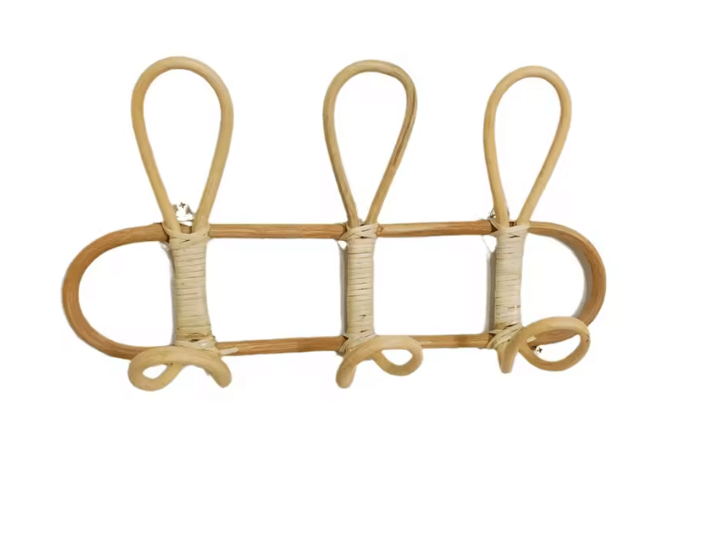 Vintage rattan wall coat rack with three staggered hooks