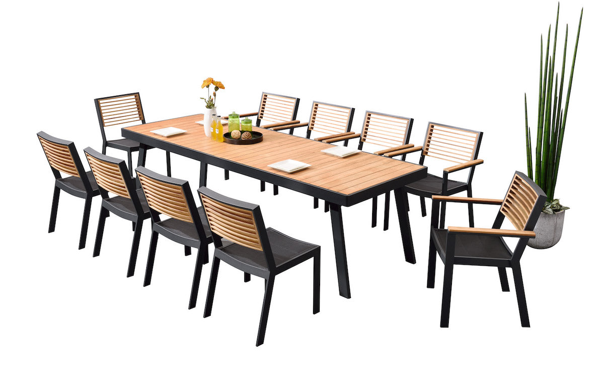 York black aluminum and teak dining set for ten