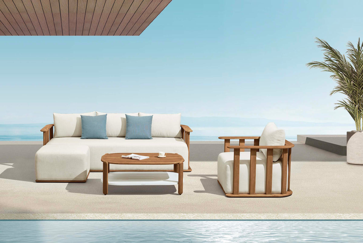 Roma solid teak outdoor ottoman with cushion – shown outdoors (4)