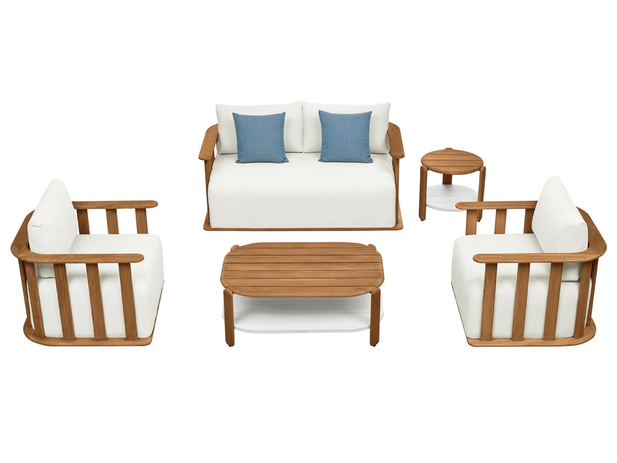Roma 2-seat solid teak outdoor loveseat with slatted back – multiple views