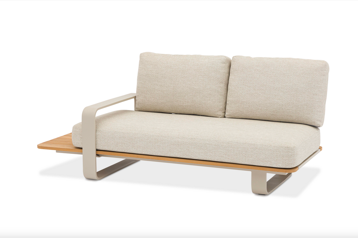 Romeo beige aluminum outdoor sectional with sculpted teak armrests