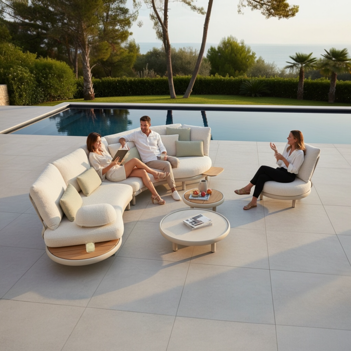 Rosa modular aluminum outdoor sofa set with thick cushions – shown outdoors (2)