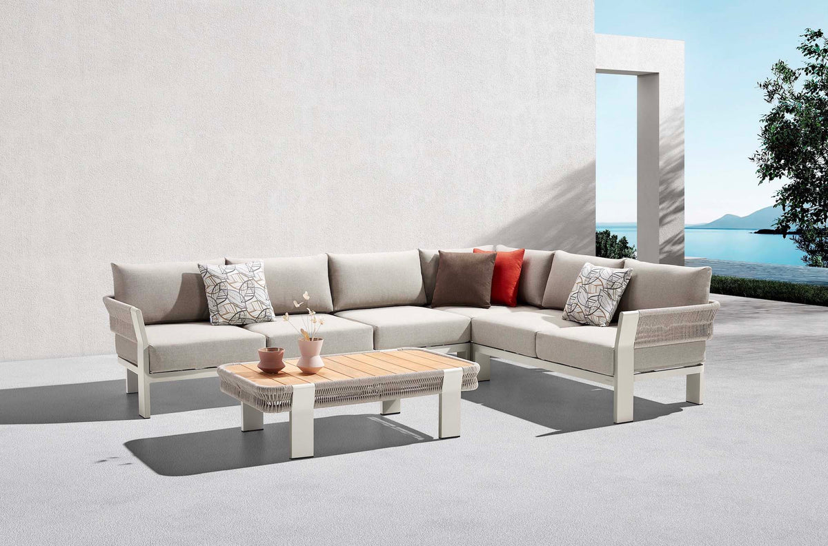 Olby braided rope outdoor corner sofa with teak coffee table – shown outdoors (4)