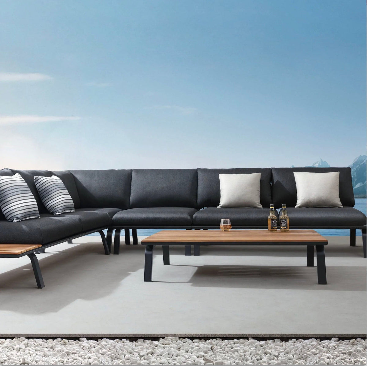 Punto low-profile black aluminum sectional with hand-woven black rope back – shown outdoors (4)