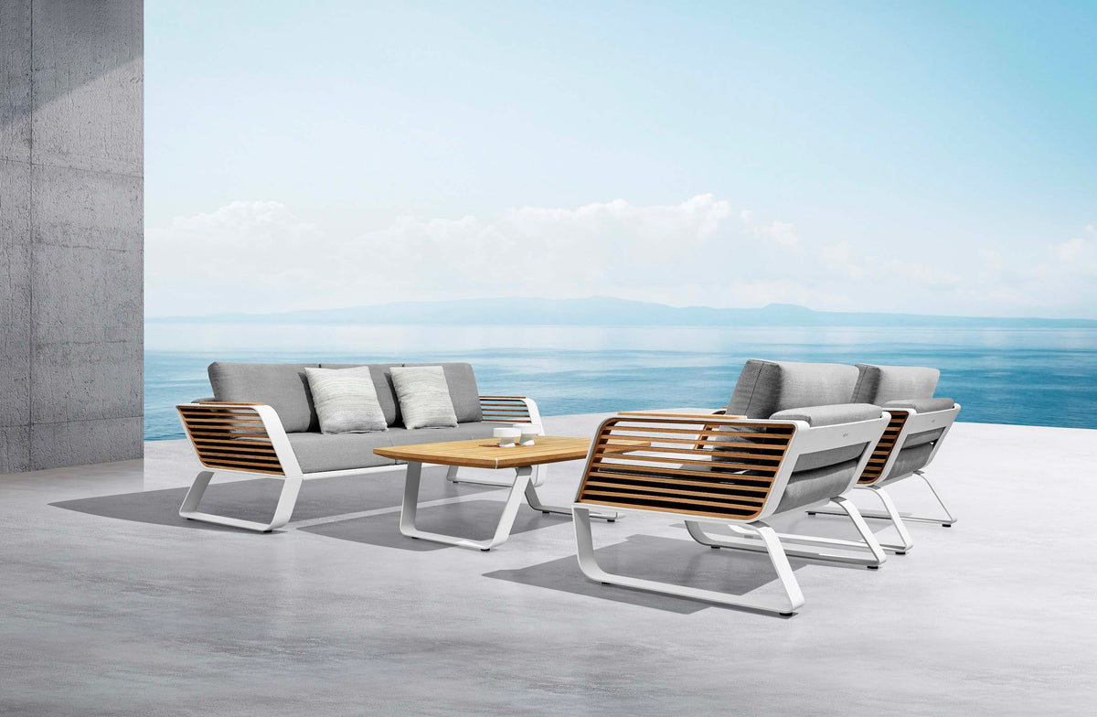 Aily Bis aluminum and teak patio set with 3-seat sofa and two armchairs – shown outdoors (7)
