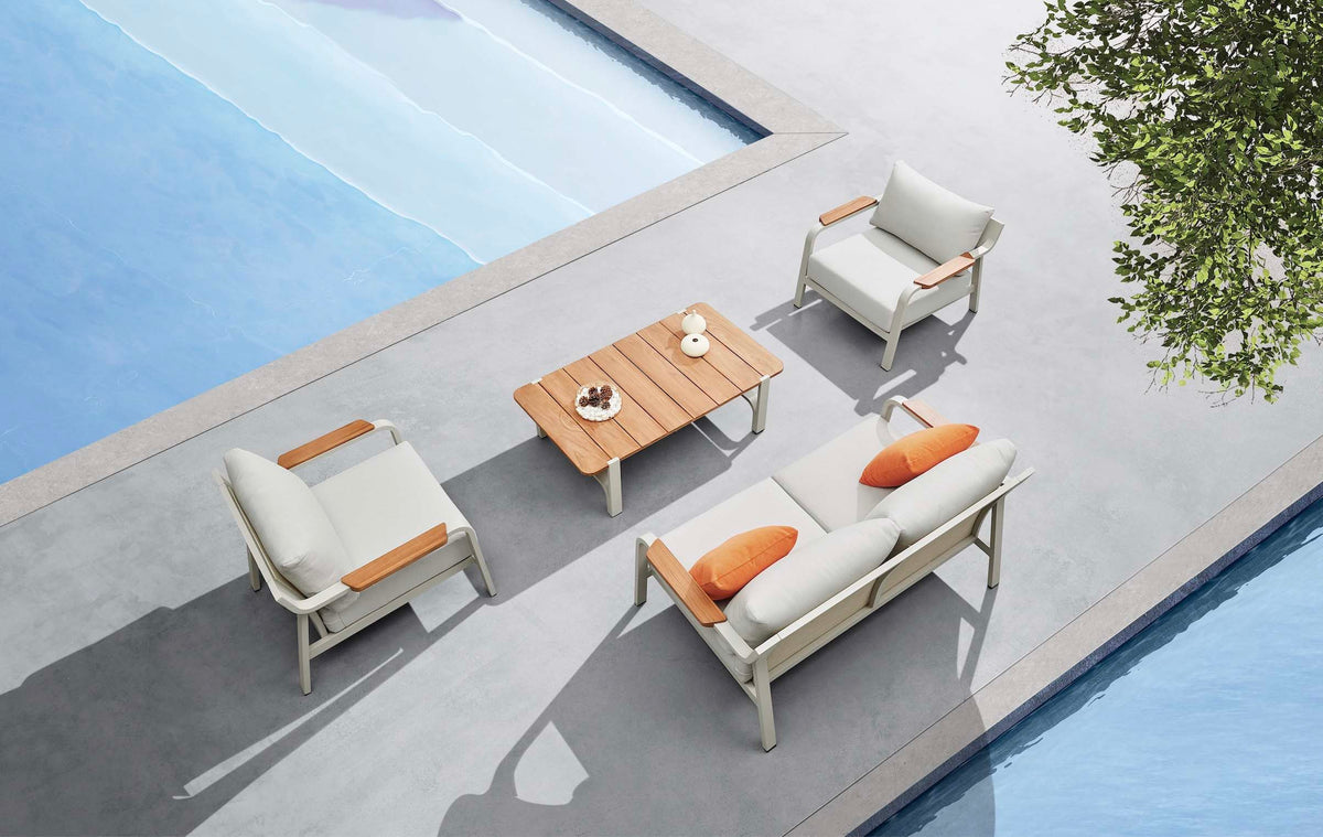 Viscounti Mini cream aluminum and teak loveseat set – shown outdoors (3)