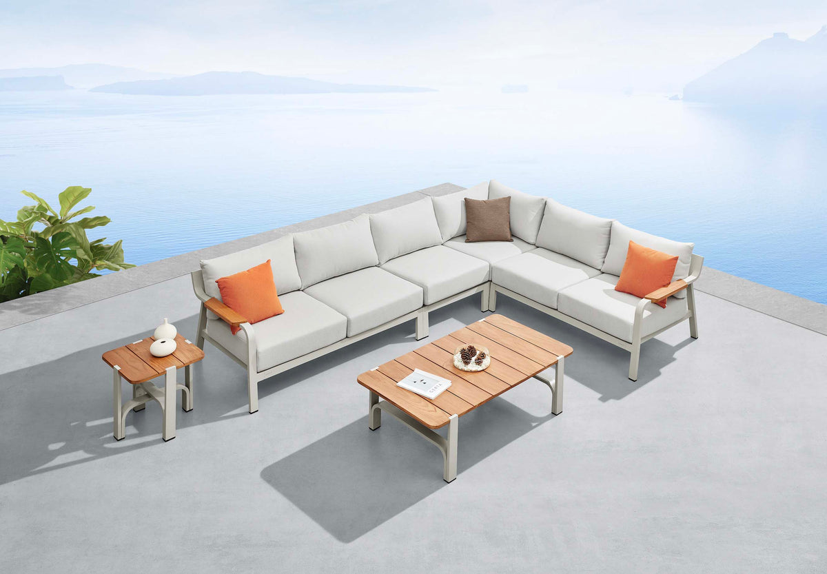 Viscounti cream aluminum and teak corner sofa with openwork backs – shown outdoors (3)