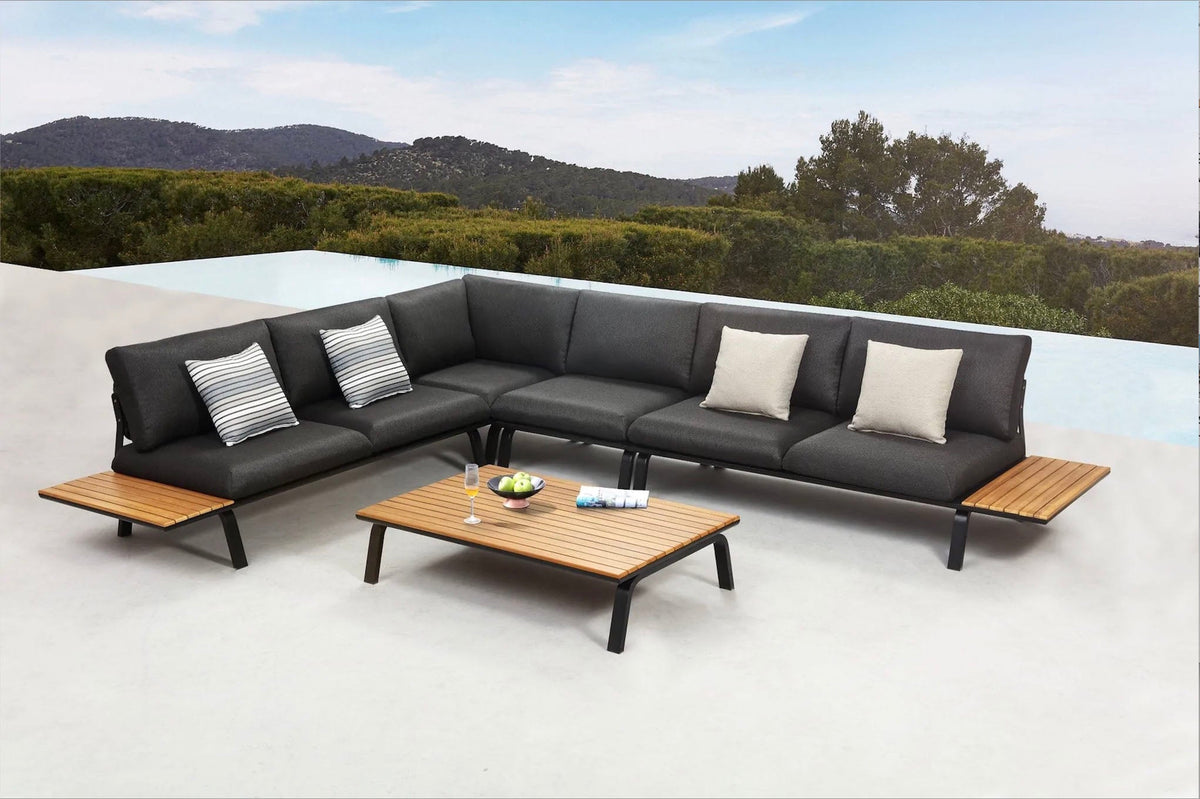 Punto low-profile black aluminum sectional with hand-woven black rope back – shown outdoors (3)