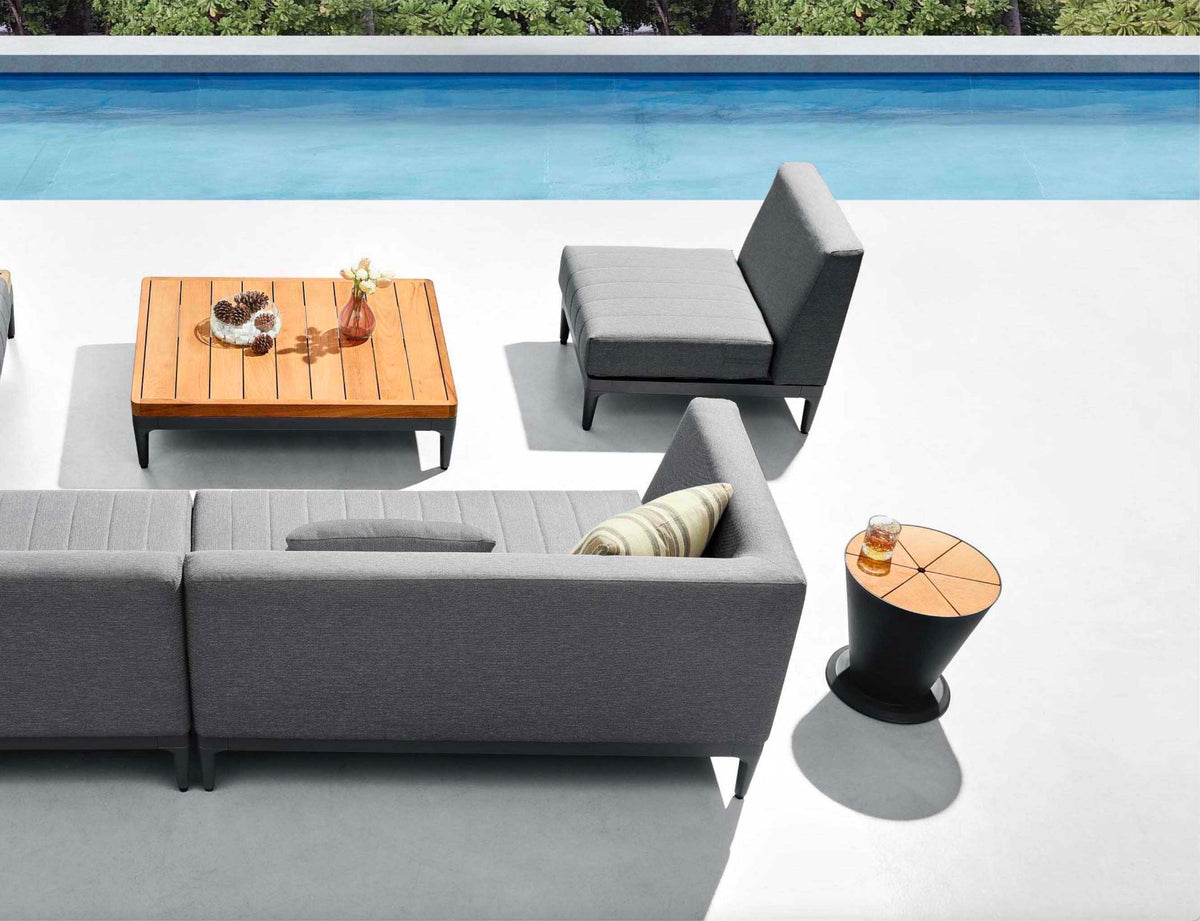 Sira Mini compact anthracite aluminum and teak outdoor sectional – shown outdoors (5)