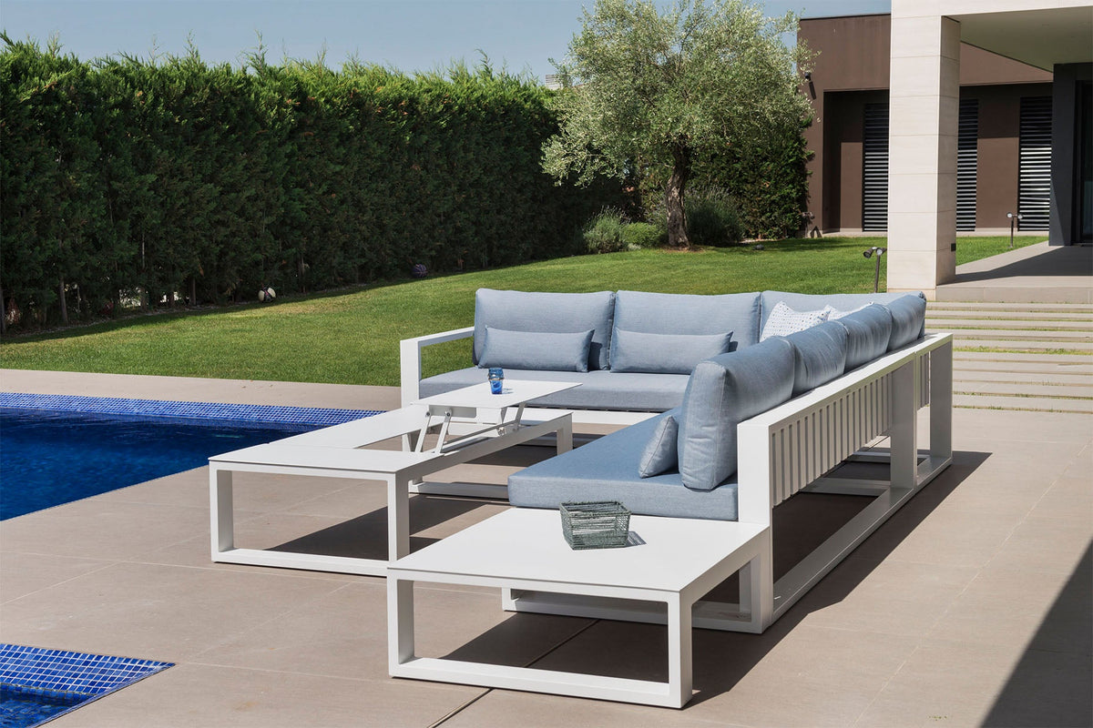 Como aluminum corner lounge set with gray cushions and lift-top coffee table – shown outdoors (4)