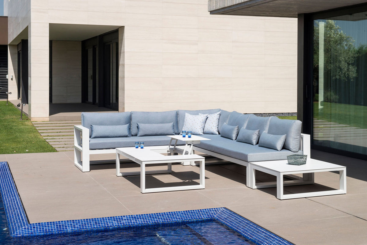 Como aluminum corner lounge set with gray cushions and lift-top coffee table – shown outdoors (3)