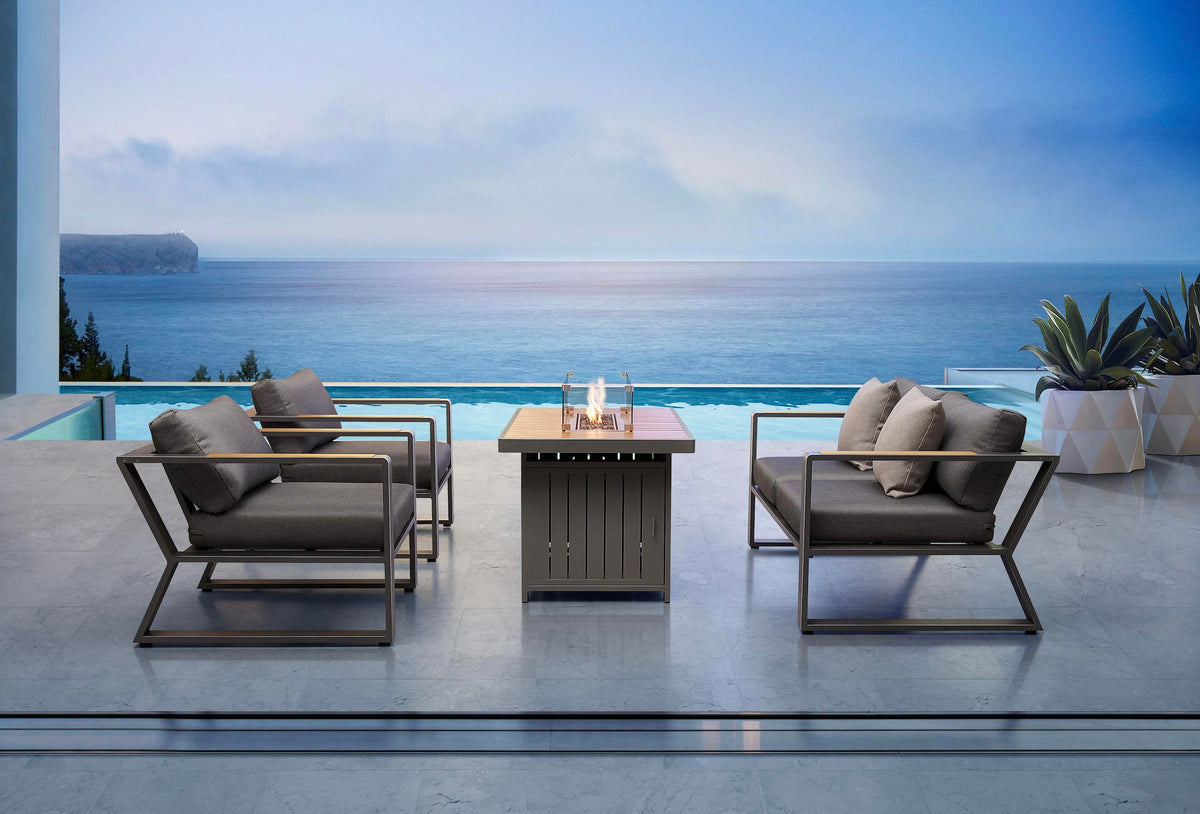 Exy Mini anthracite aluminum and teak loveseat set with slatted teak armrests – shown outdoors (4)