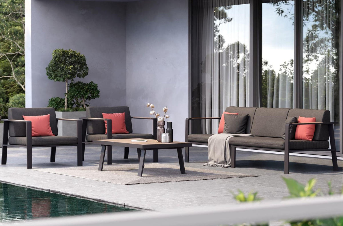 Noffy Plus matte black aluminum and teak 5-seat patio set – shown outdoors (3)
