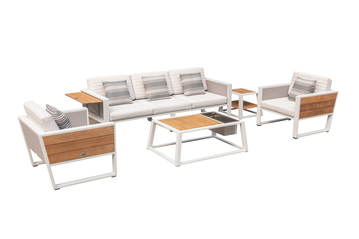 York aluminum and teak patio set with ice bucket coffee table and ecru cushions – multiple views