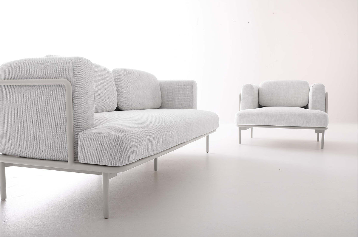 Flora 4-seat white aluminum loveseat set with beige cushions