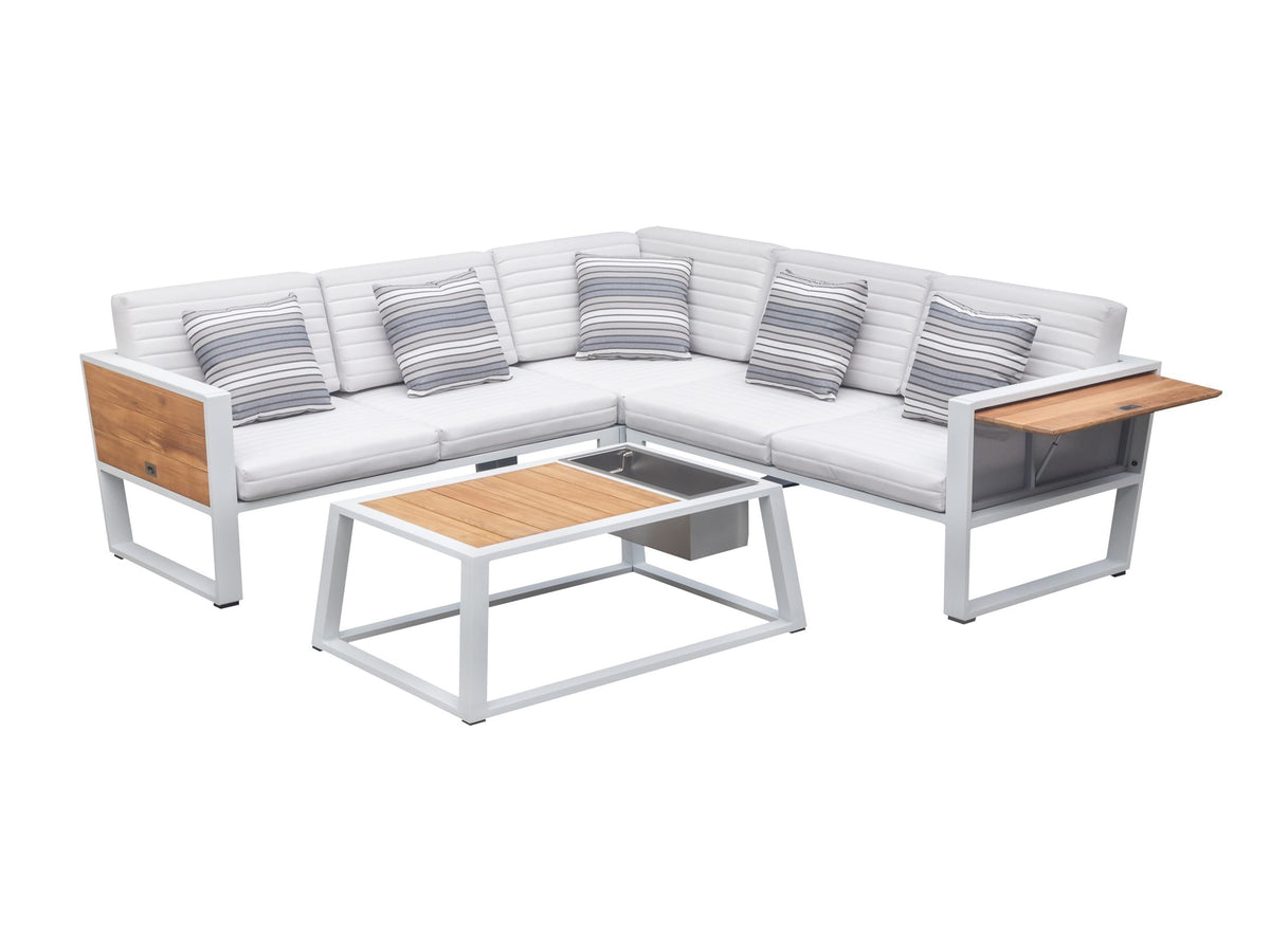 York Cosy aluminum and teak outdoor sectional with ice bucket coffee table
