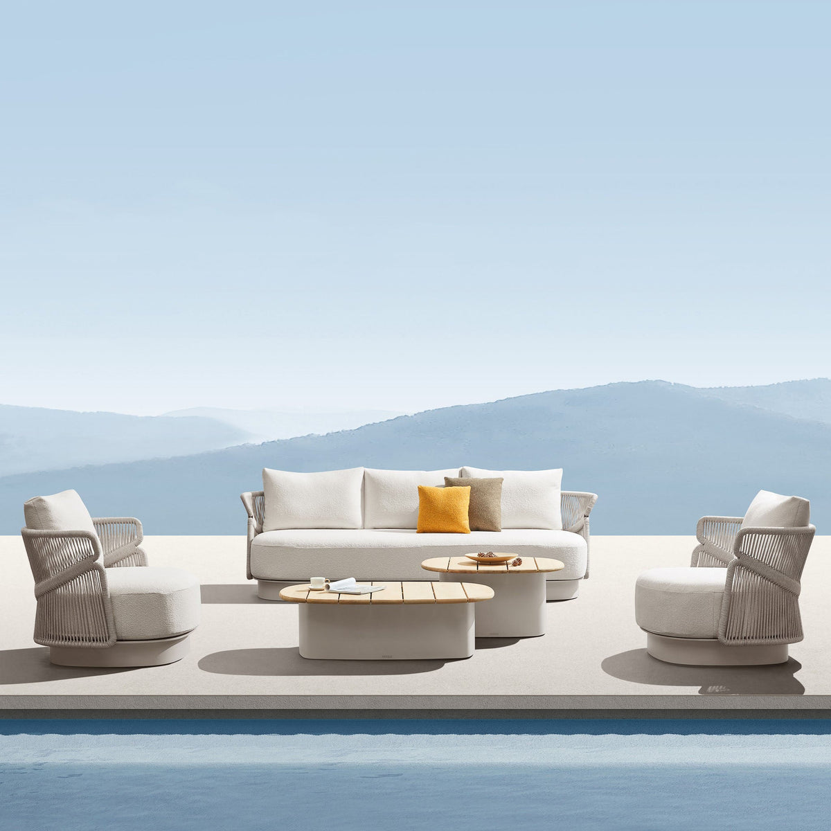 Laska beige aluminum and rope patio set with three teak-top tables – shown outdoors (5)
