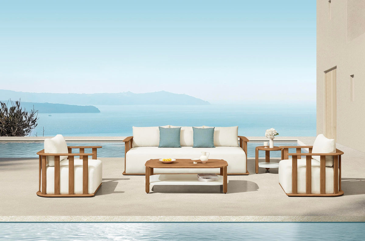 Roma 5-seat slatted solid teak outdoor sofa set with coffee table – shown outdoors (4)