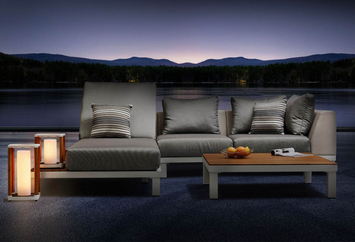 Orsy Mini white aluminum and teak 2-in-1 patio lounge set with sunbed – shown outdoors (5)