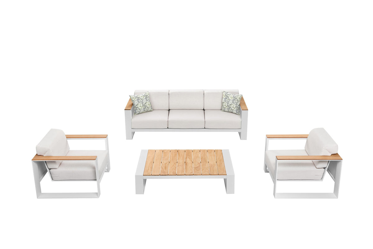 Sofy white aluminum and teak sofa set – multiple views