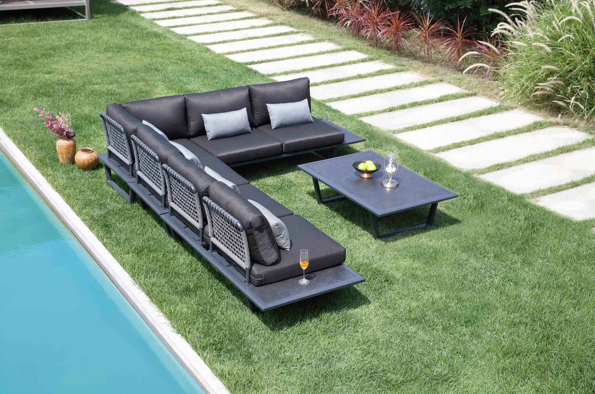 Sophia black aluminum and rope corner sofa set with marble-effect details – shown outdoors (3)