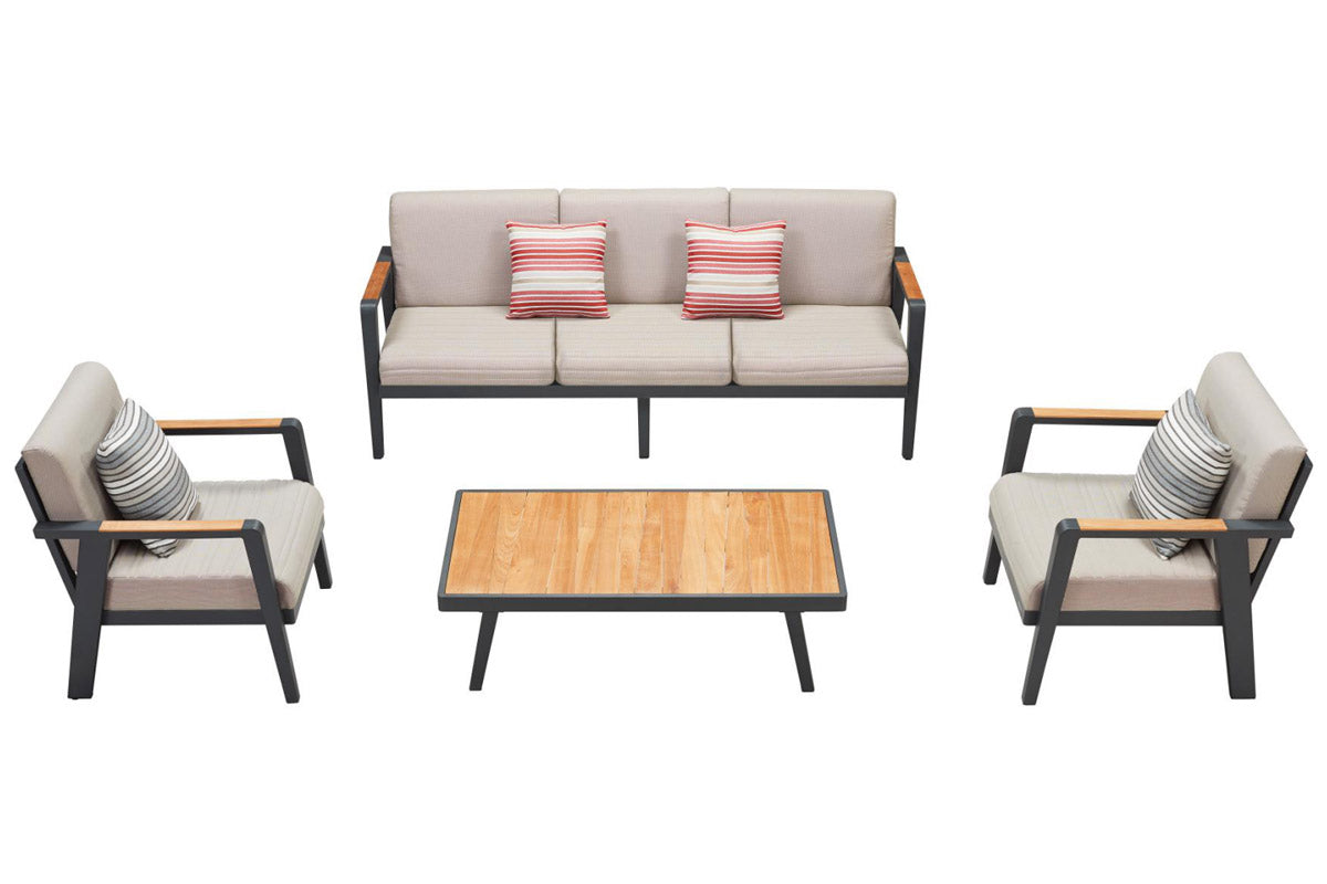 Lovy black aluminum patio set with teak-top coffee table – multiple views