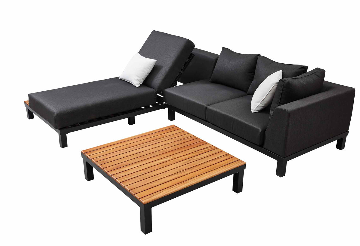 July aluminum and teak lounge set with chaise and teak coffee table – another view