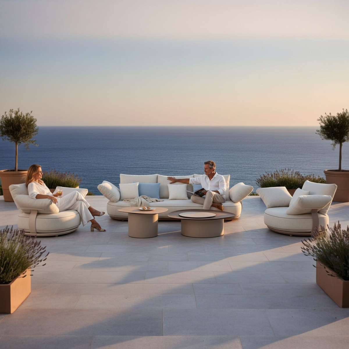 Elyo 5-seat curved modular aluminum lounge set with two coffee tables – shown outdoors (3)