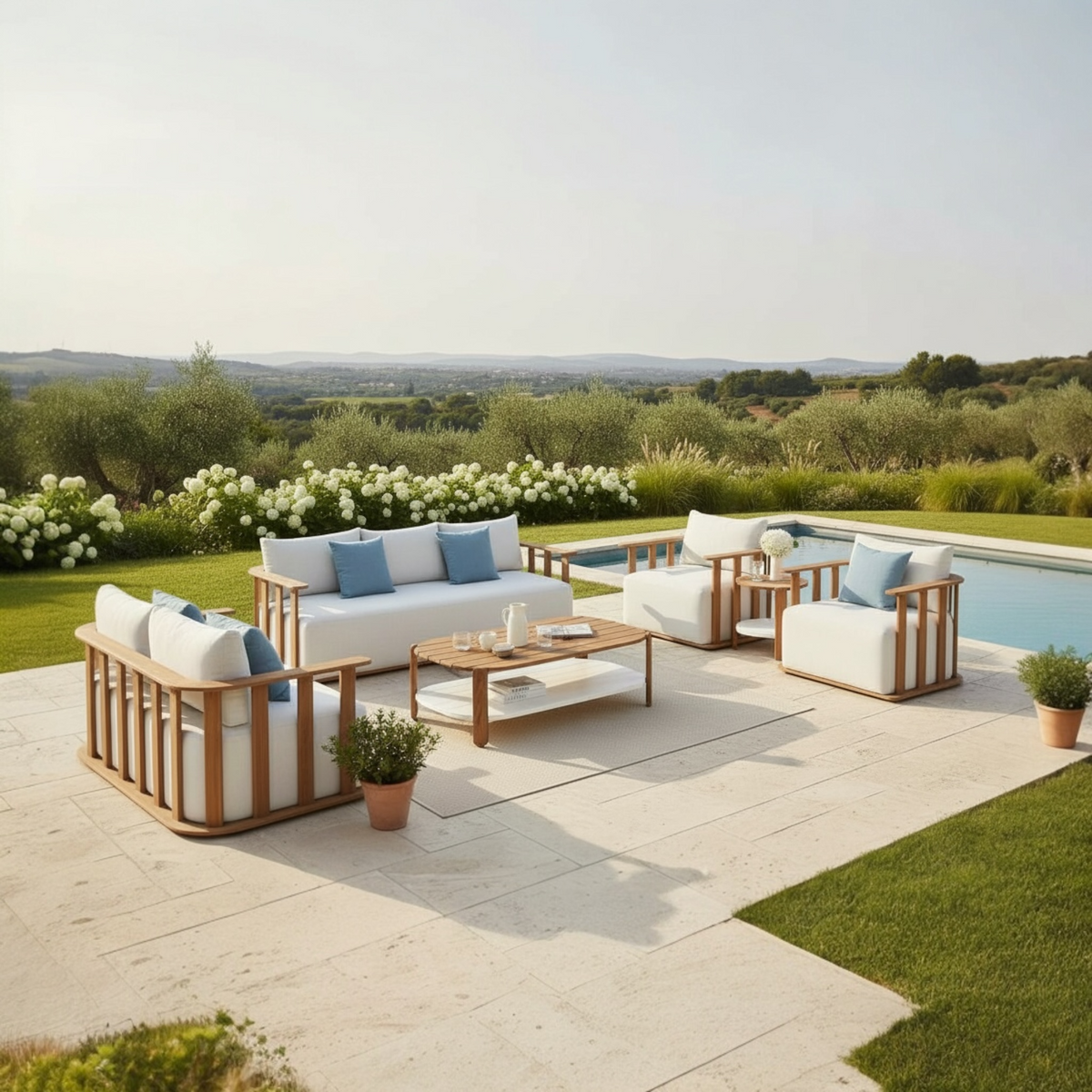Roma XL 7-seat solid teak patio set with slatted palisade design – shown outdoors