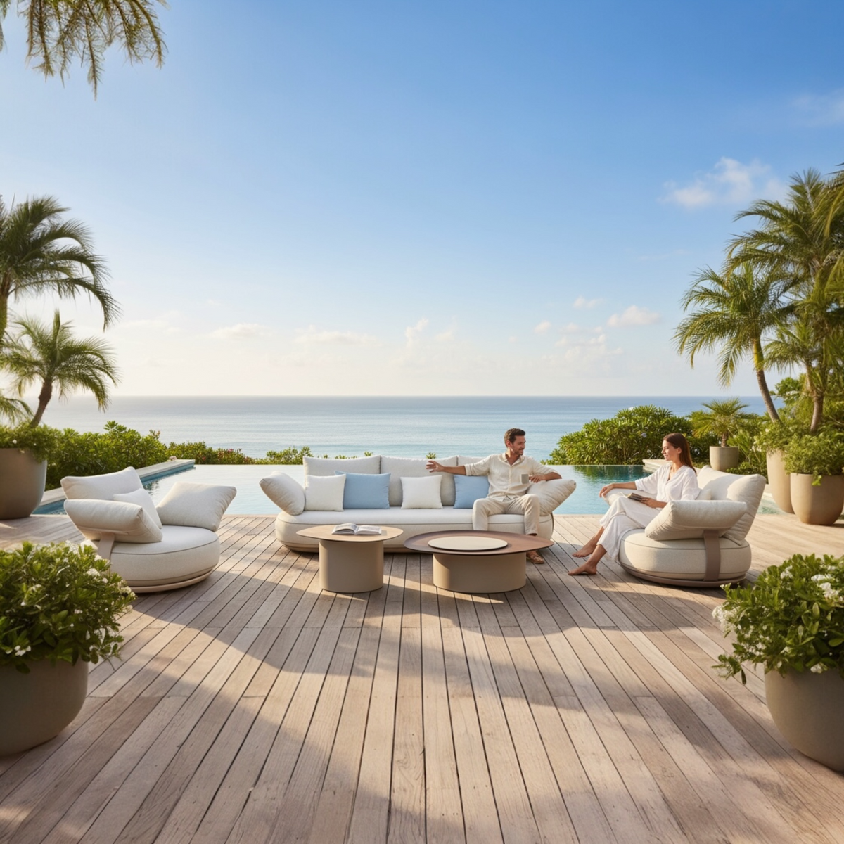 Elyo 5-seat curved modular aluminum lounge set with two coffee tables – shown outdoors
