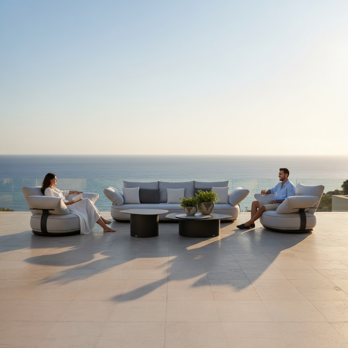 Elyo 5-seat gray curved aluminum outdoor sofa set – shown outdoors (2)