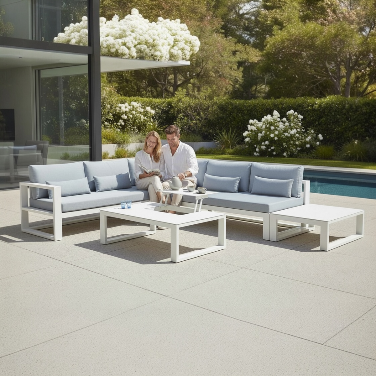 Como aluminum corner lounge set with gray cushions and lift-top coffee table – shown outdoors