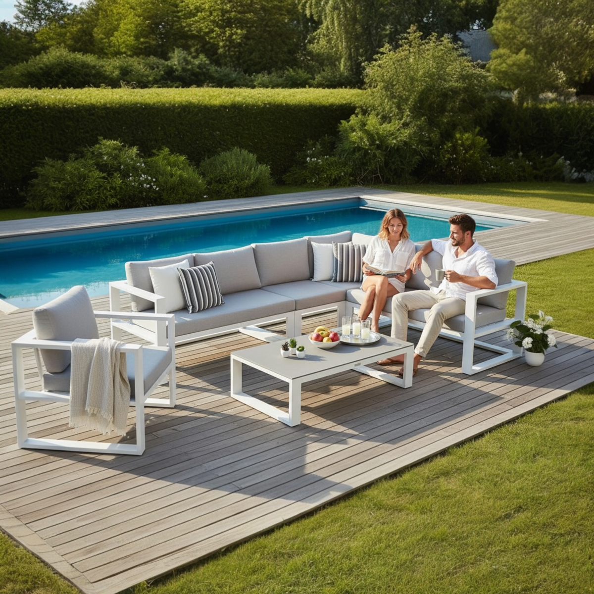 Belly white aluminum outdoor sectional with armchair and tinted glass table – shown outdoors (2)
