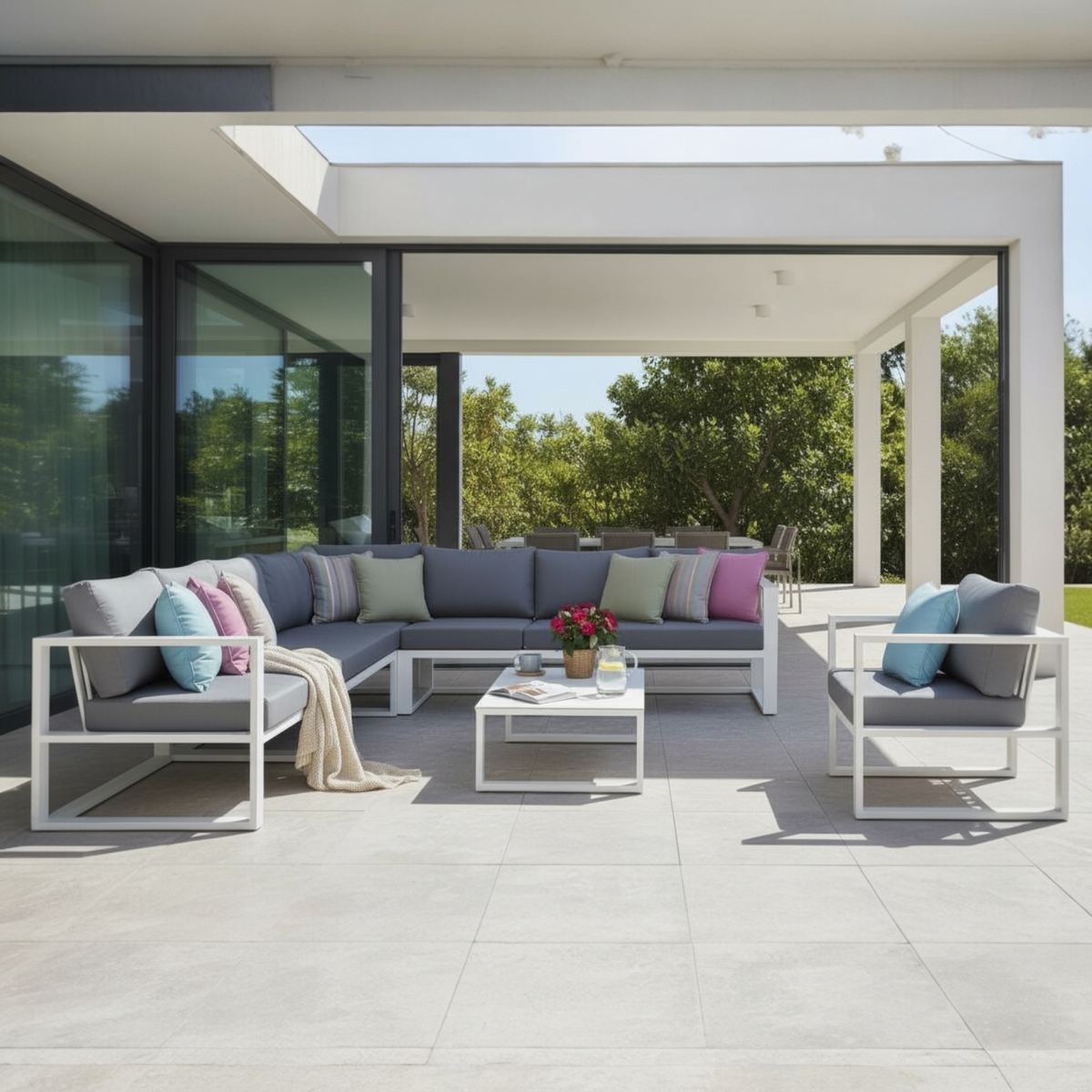 Belly white aluminum 2-seat outdoor bench module – shown outdoors