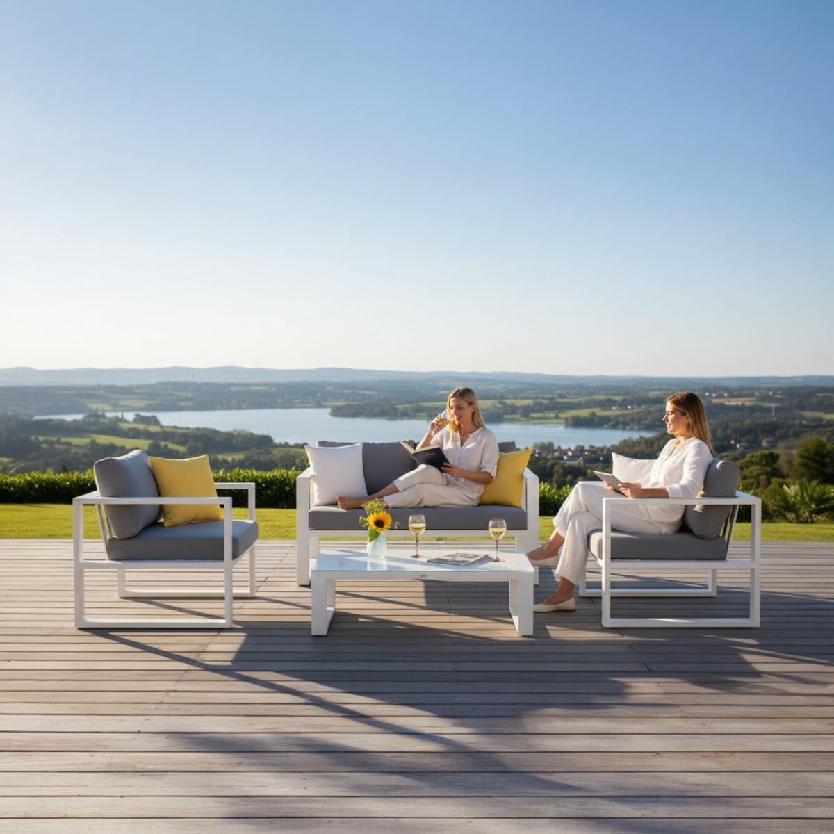 Jelly Mini small aluminum patio set with loveseat, two armchairs and ceramic table – shown outdoors (2)