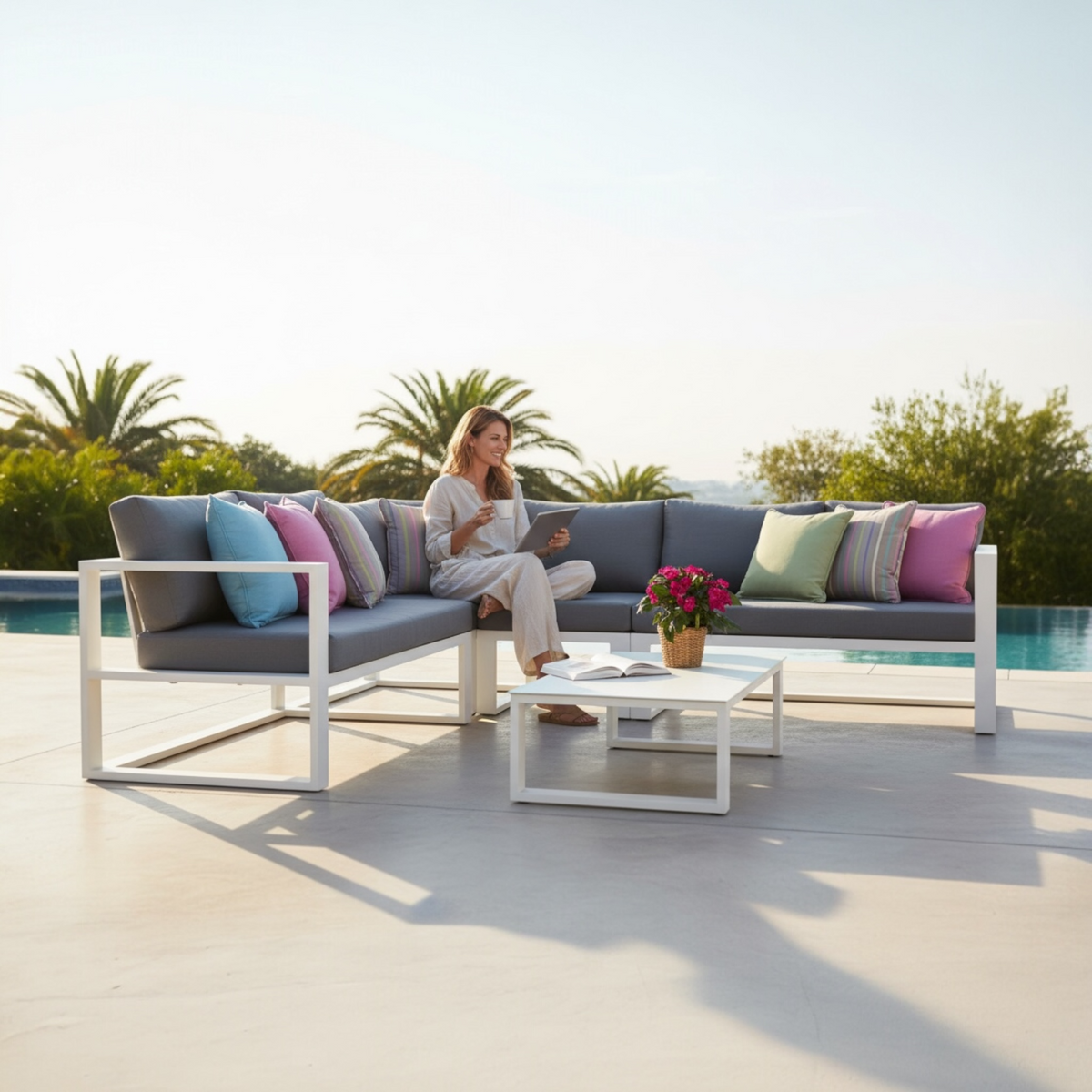 Belly Cosy white aluminum corner sofa with coffee table – shown outdoors
