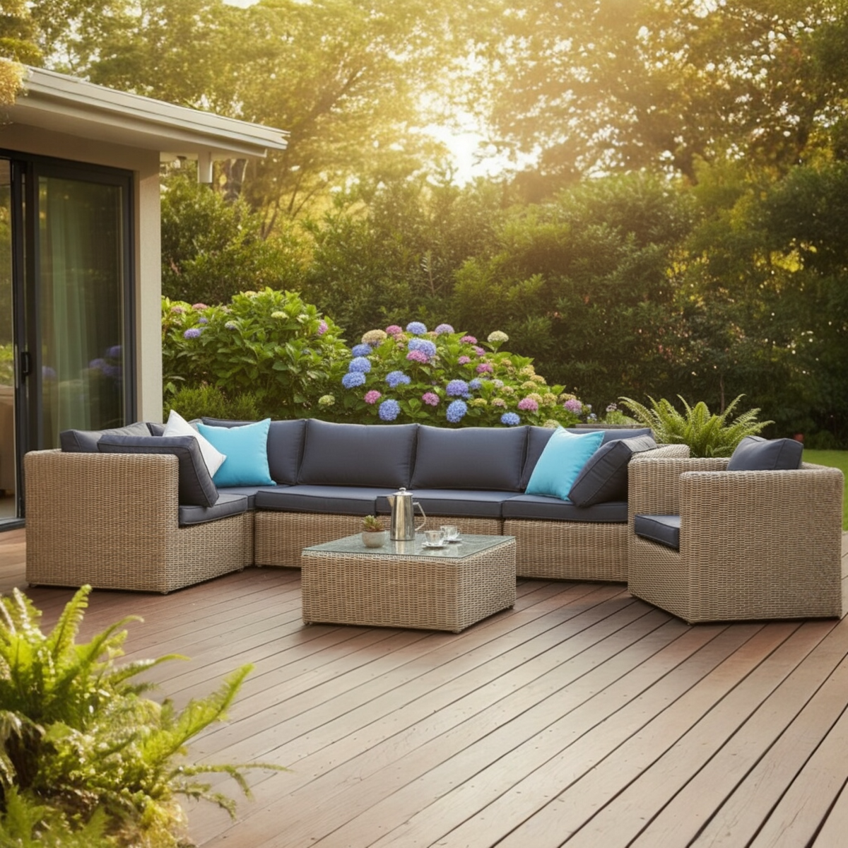 Liberty round resin wicker sectional in wicker color with dark gray cushions – shown outdoors