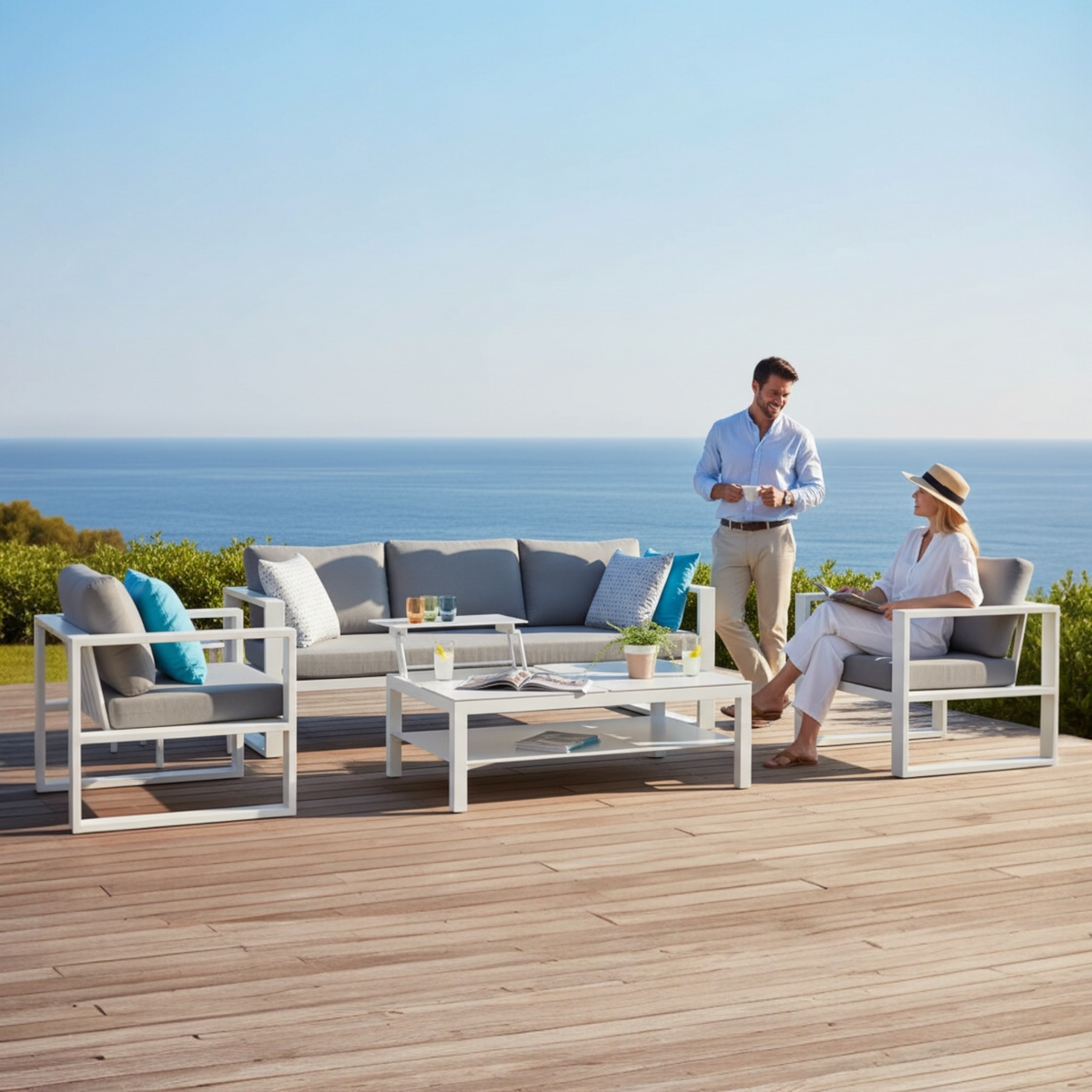 Belly white aluminum 3-seat outdoor sofa module – shown outdoors