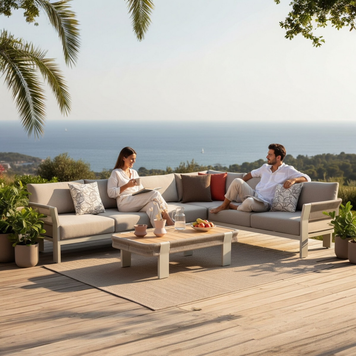 Olby braided rope outdoor corner sofa with teak coffee table – shown outdoors (2)