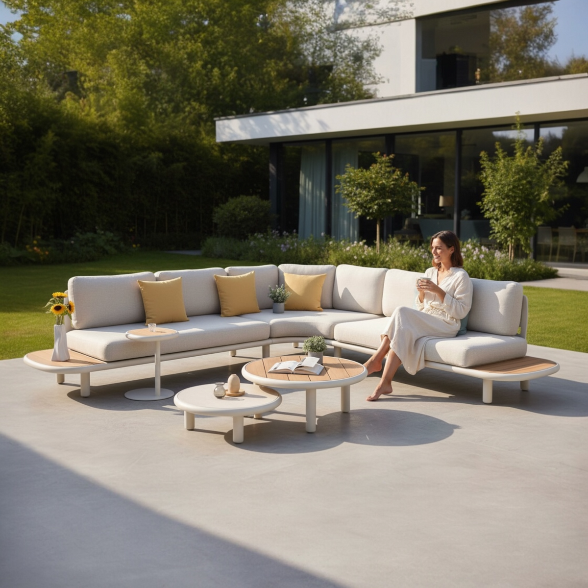 Sanka beige aluminum outdoor sectional with teak platforms – shown outdoors (3)