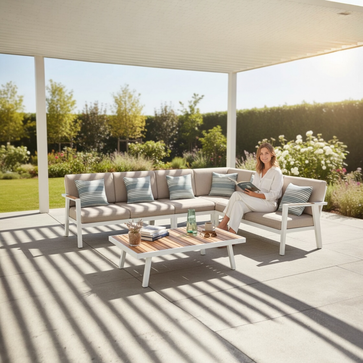 Lovy Cosy white aluminum outdoor sectional with teak armrests – shown outdoors (2)