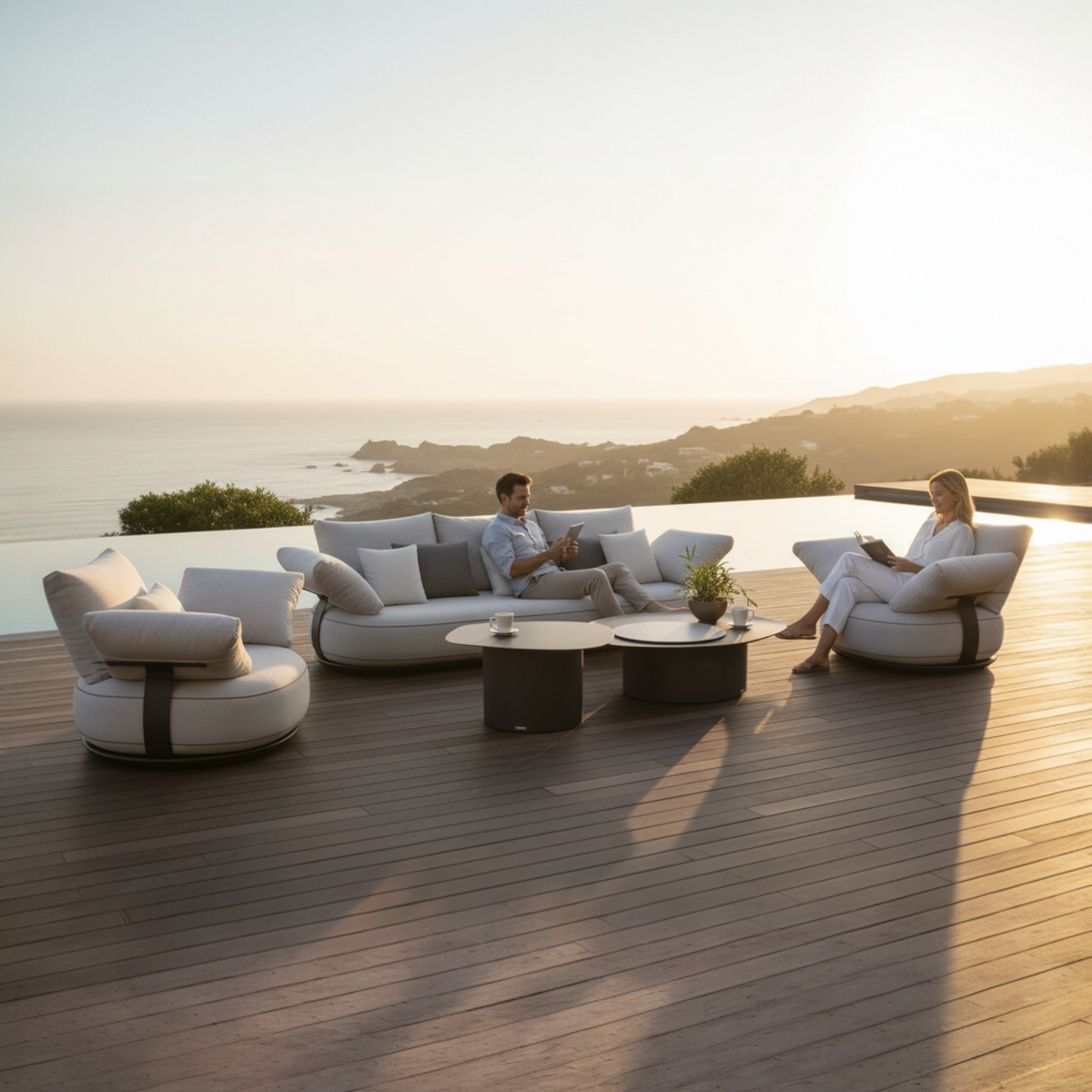 Elyo 5-seat gray curved aluminum outdoor sofa set – shown outdoors (3)