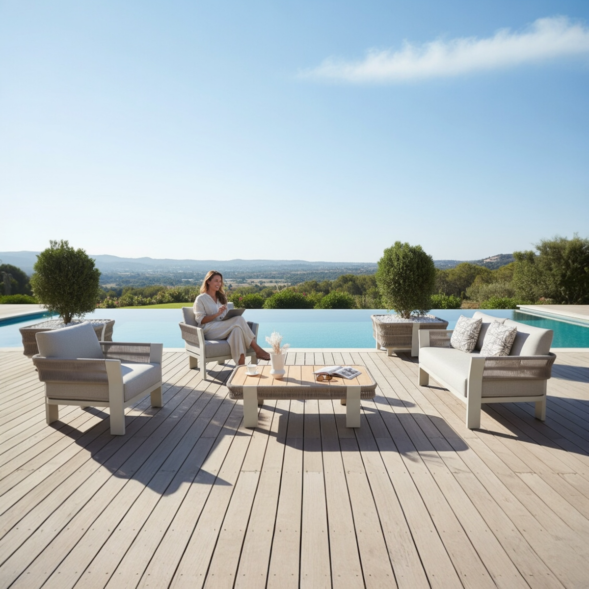 Olby 4-seat aluminum and rope patio loveseat set – shown outdoors