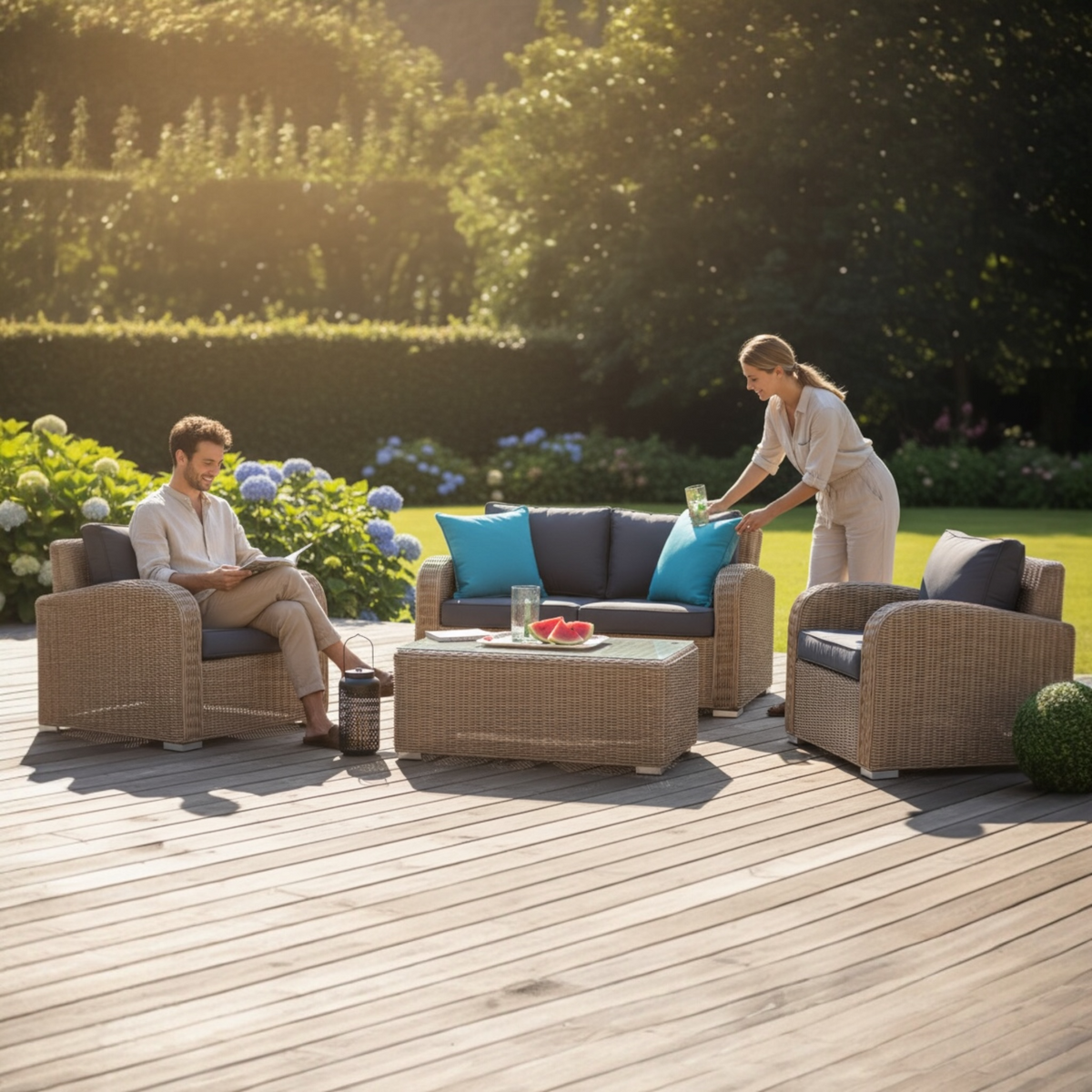 Tara resin wicker loveseat patio set with dark gray cushions and glass table – shown outdoors (2)