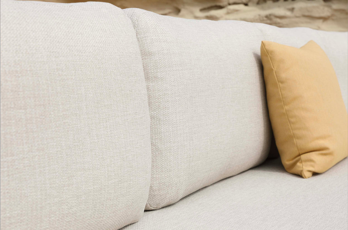 Sanka beige aluminum outdoor sectional with teak platforms – close-up detail